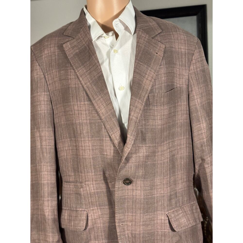 Brunello Cucinelli Peach Taupe Plaid Blazer Sport Jacket 52 IT 42R US Linen Silk